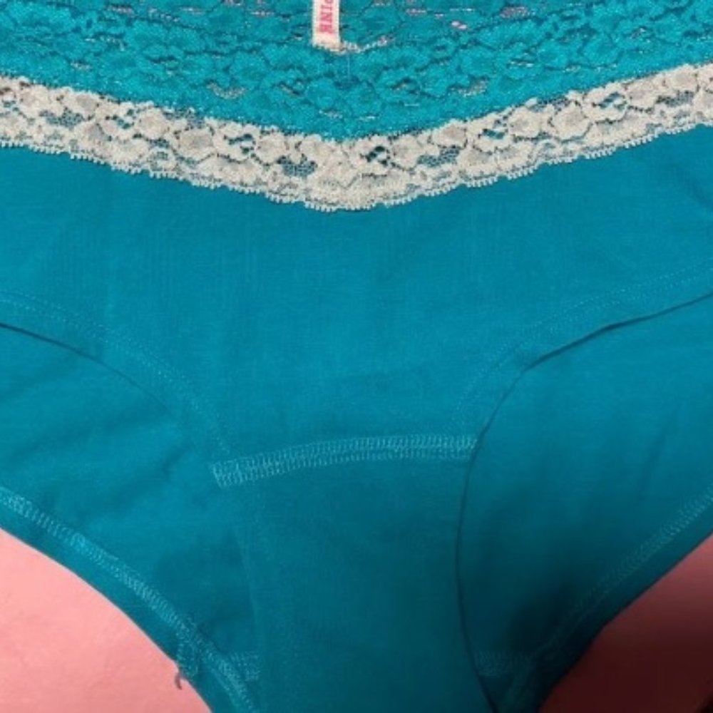 PINK VICTORIA'S SECRET LACE BAND BLUE LOW RISE HIPSTER PANTIES MEDIUM Pool Party